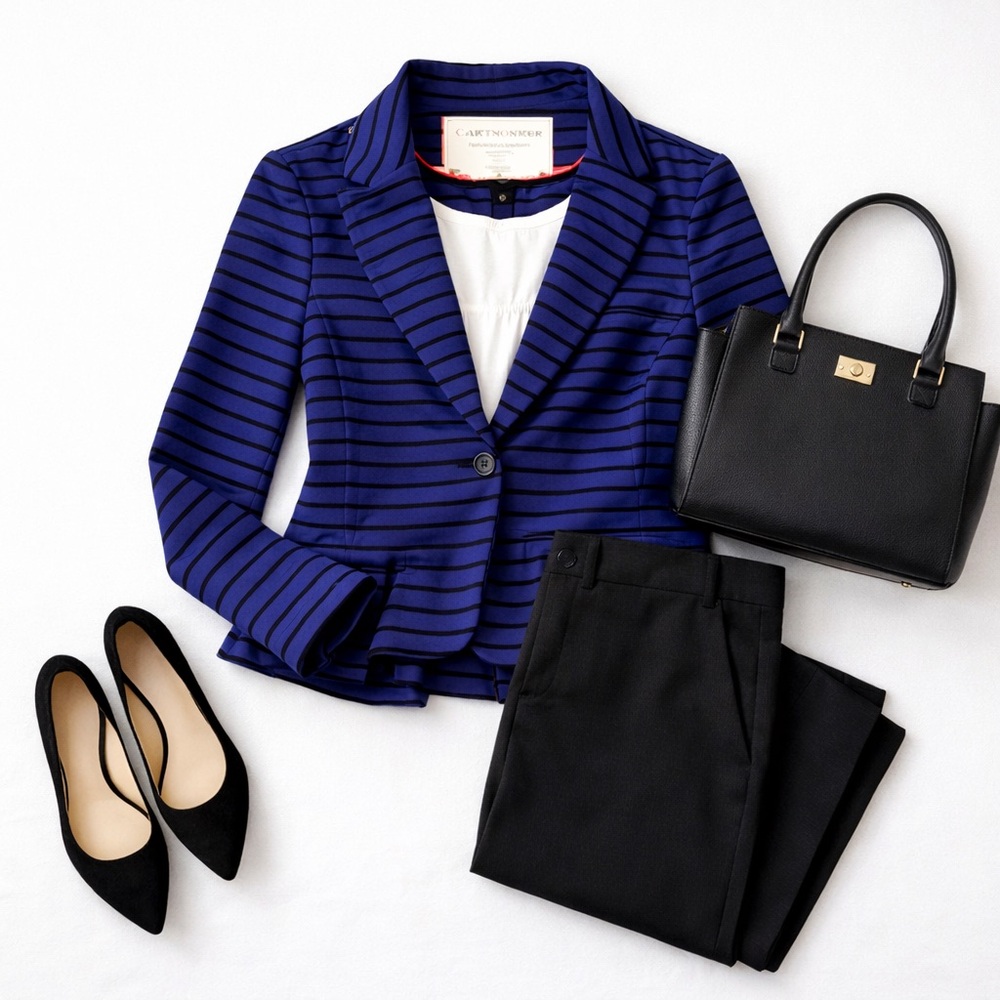 Anthropologie Cartonnier Blue Black Striped Knit Blazer‎ Jacket Womens Small